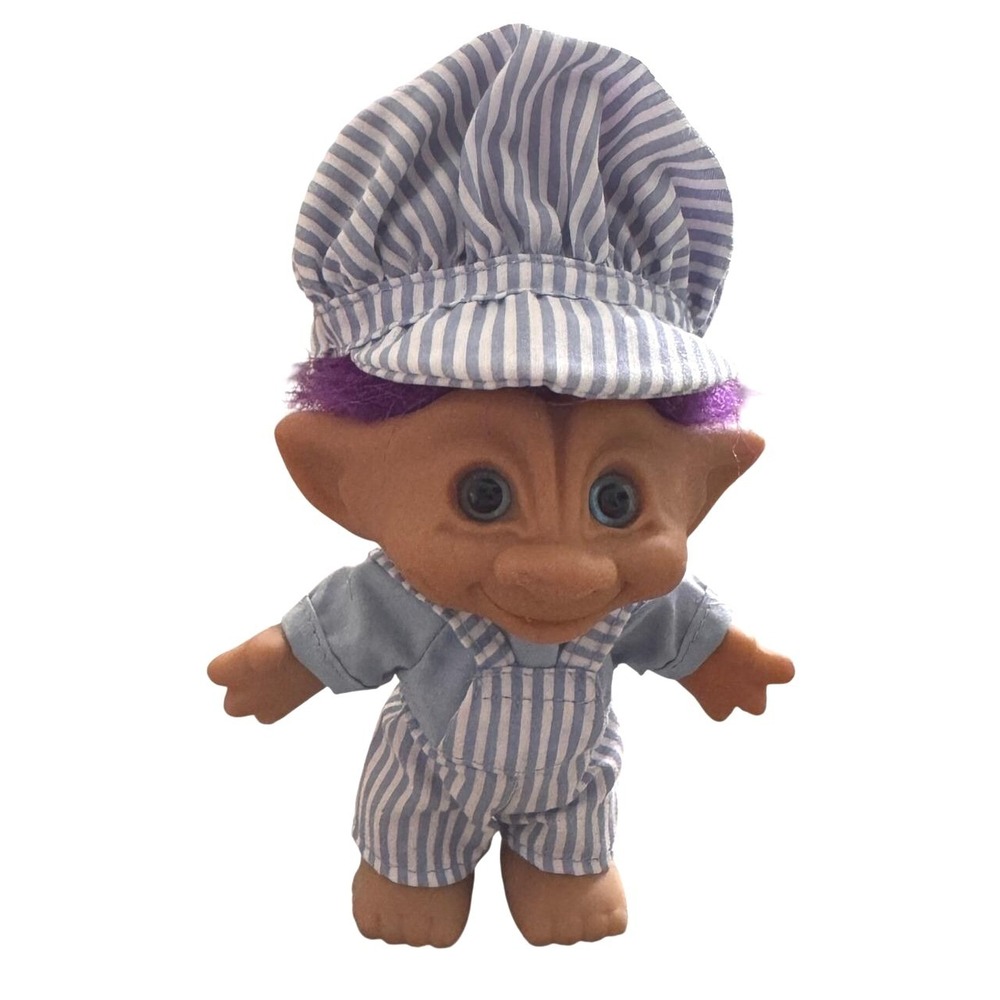 Vintage Ace Novelty Troll Doll Purple Hair Jewel Train Conductor Engineer 90s